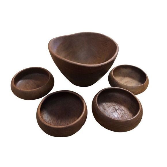 Vintage Teak Wood Salad Bowl and Wood Plates Set of 5 - Picture 1 of 5